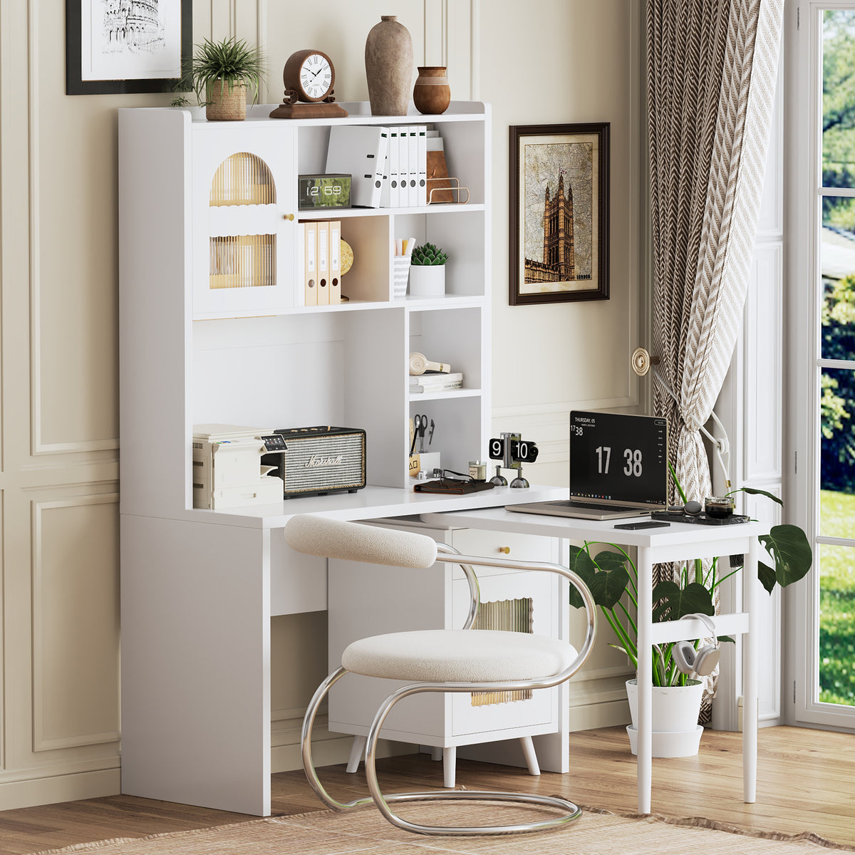 Rotating desktop computer desk with storage, white