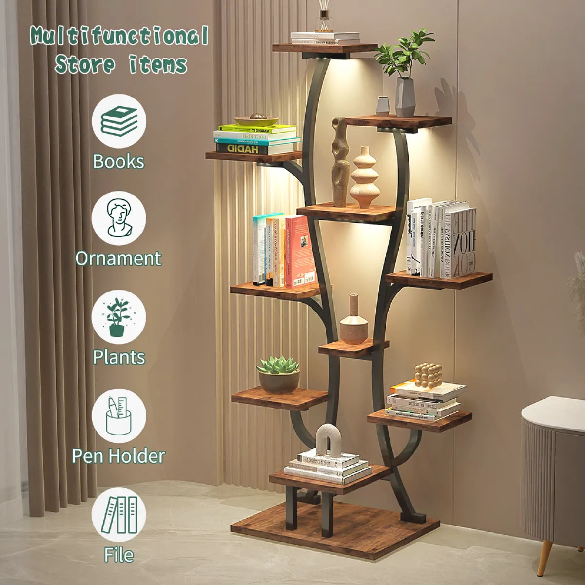 Vase-Shape Metal Plant Stand with Grow Lights, Black Walnut