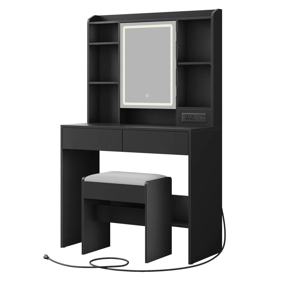 LED Lighted Vanity Desk with Mirror & Stool, Black