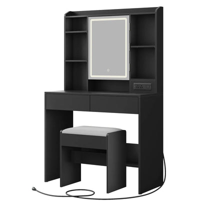 LED Lighted Vanity Desk with Mirror & Stool, Black