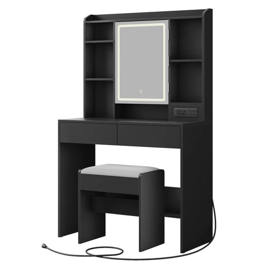 LED Lighted Vanity Desk with Mirror & Stool, Black