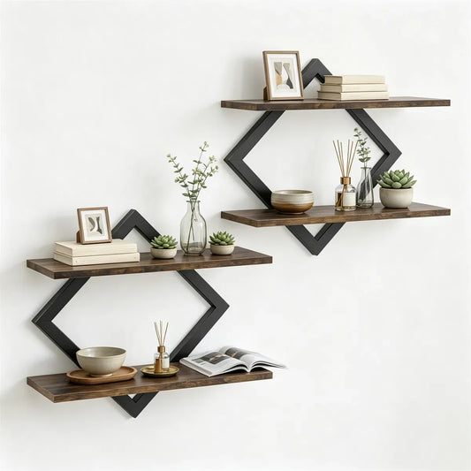 2-Tier Floating Wall Shelves, Set of 2 – Black Metal Frame with Rustic Brown Wood