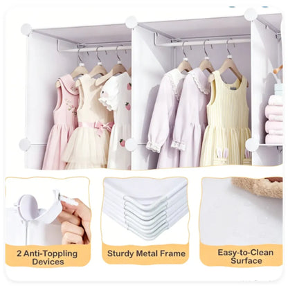 3-Cube Modular Kids Closet with Hanging Rods, Tool-Free Assembly, White