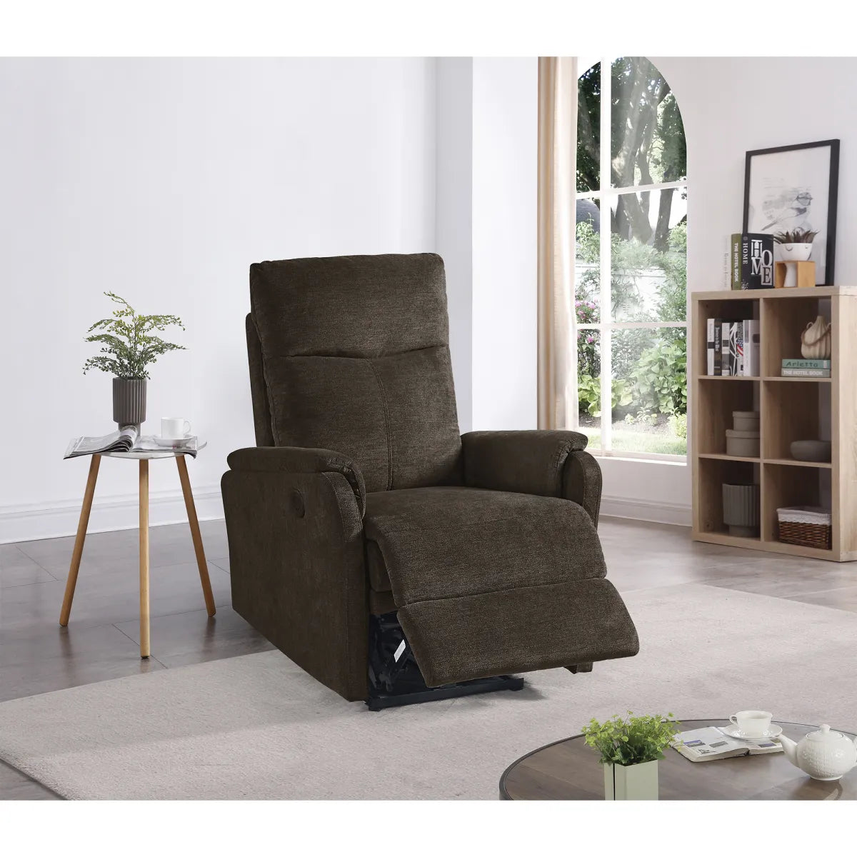 Chenille Power Recliner Chair with Side Pocket, Dark Brown