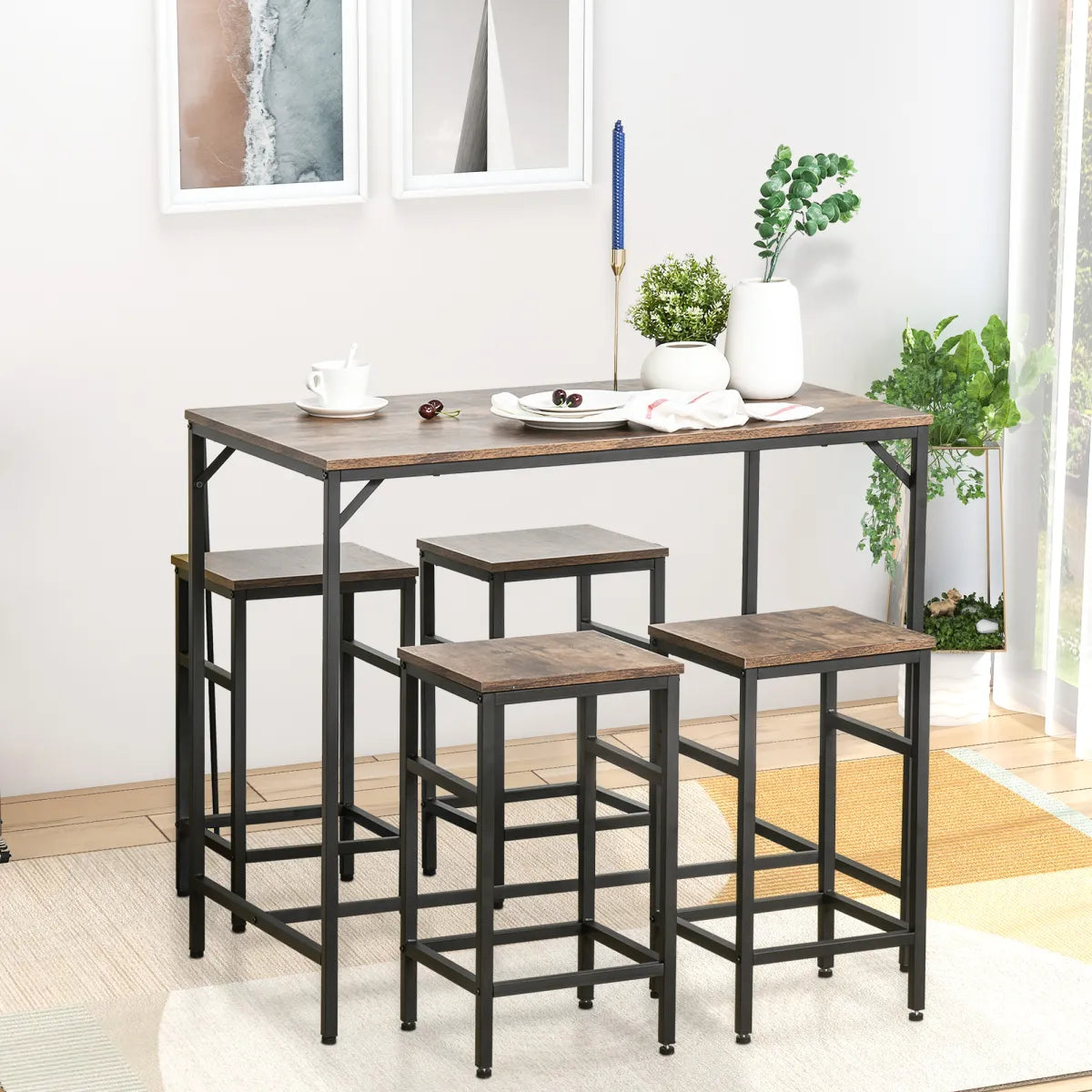 5-Piece Industrial Bar Table & 4 Stools Set, Space-Saving Pub Set