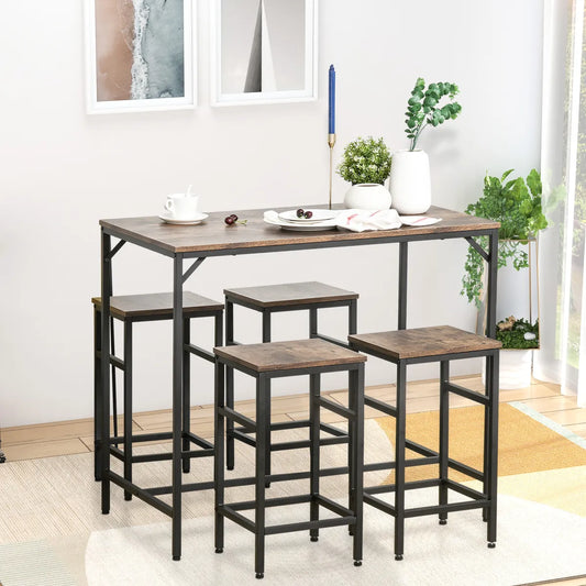 5-Piece Industrial Bar Table & 4 Stools Set, Space-Saving Pub Set
