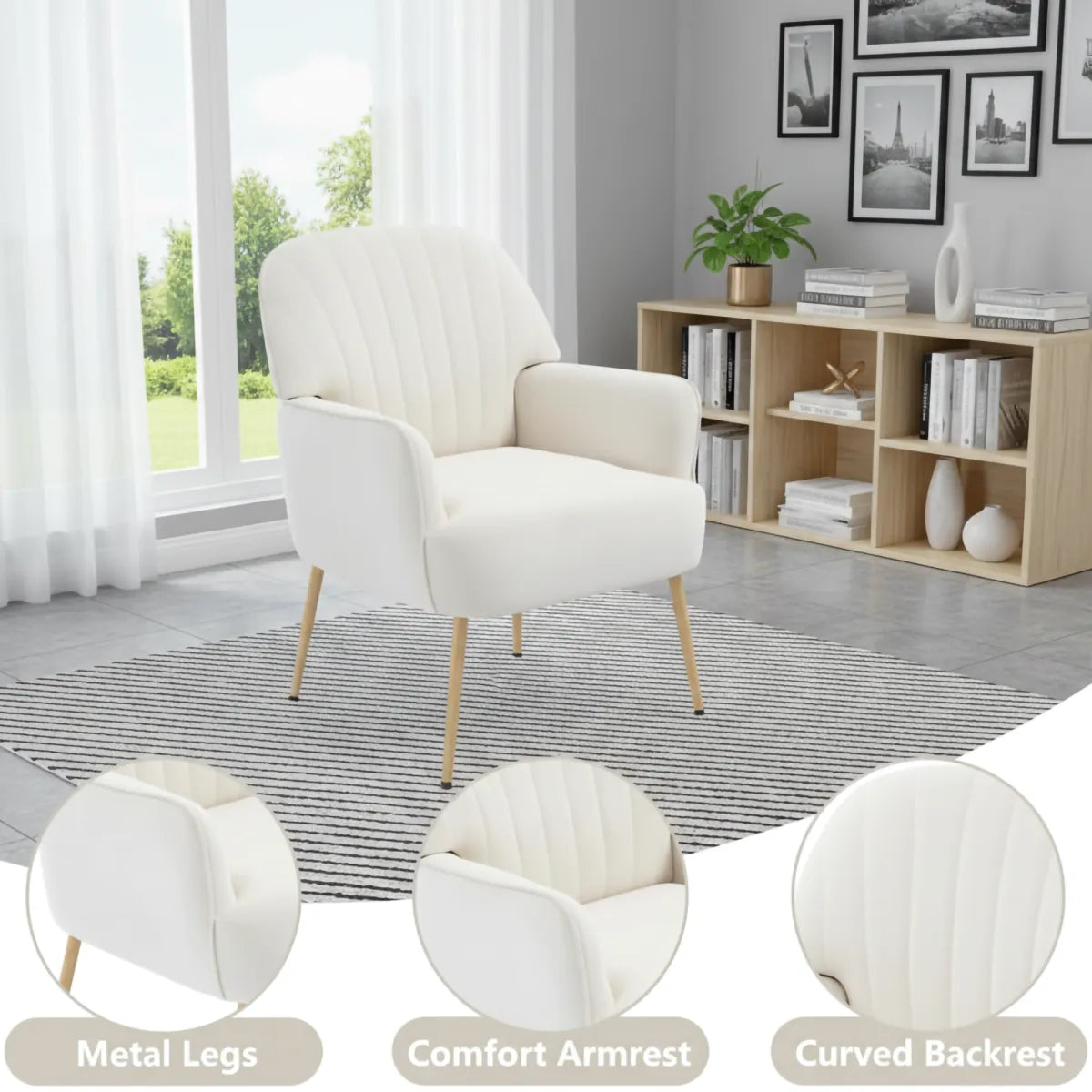 Velvet Accent Chair – Shell-Shaped Barrel Armchair with Metal Legs, Beige