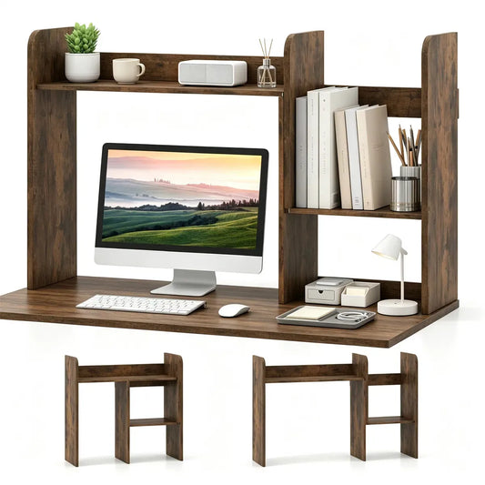 Expandable Desktop Bookshelf Organizer with Anti-Toppling Design, Rustic Brown