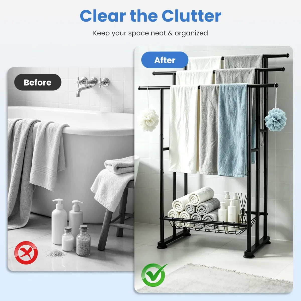 3-Tier Freestanding Towel Rack with Storage Basket, Black