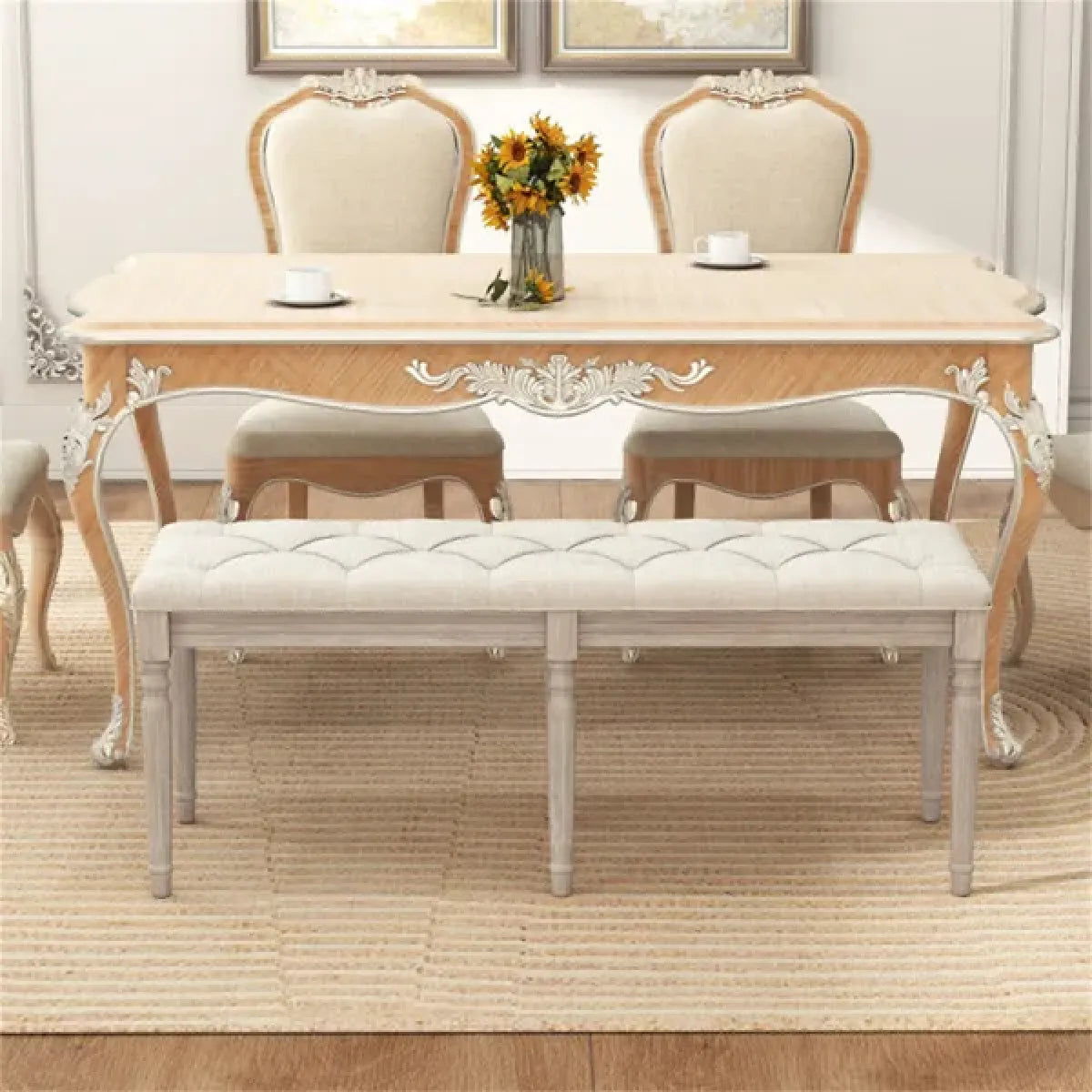 Upholstered Button-Tufted Bench, Beige