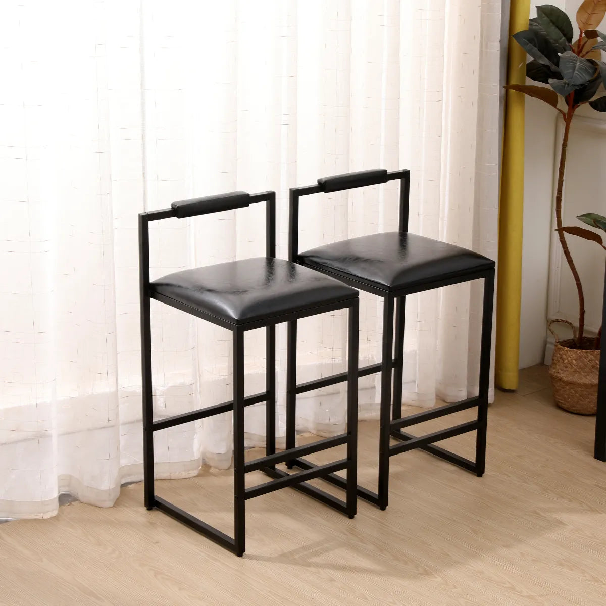 Industrial Black Metal Bar Stools with Backrest, Set of 2