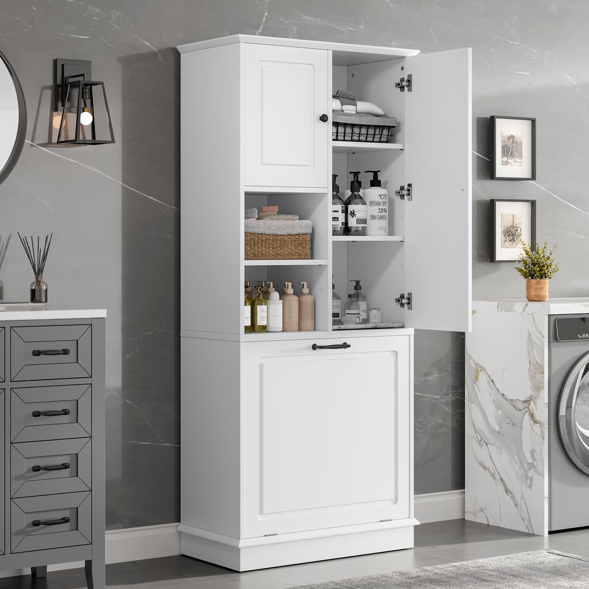 Tall Storage Cabinet with Flip-Out Basket, White – alternate view 2