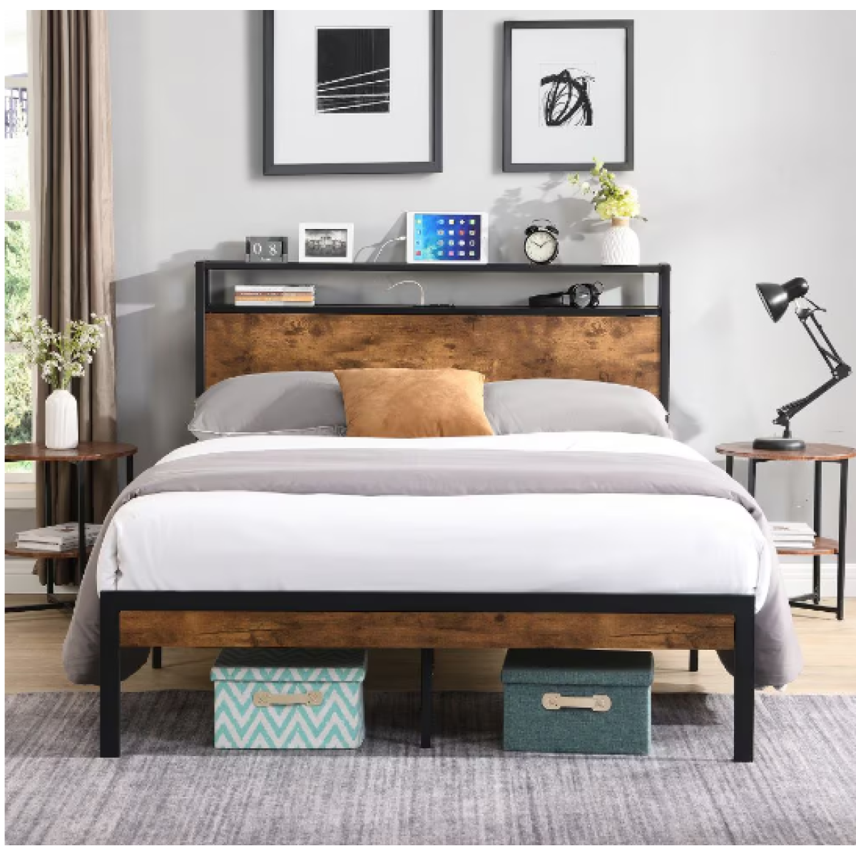Queen Metal Platform Bed Frame – Wood Headboard & Footboard with USB Port, Black+Brown Bedroom