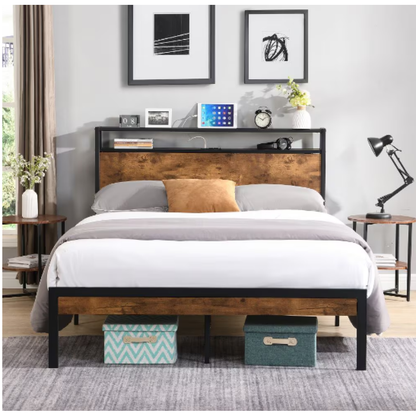 Queen Metal Platform Bed Frame – Wood Headboard & Footboard with USB Port, Black+Brown Bedroom