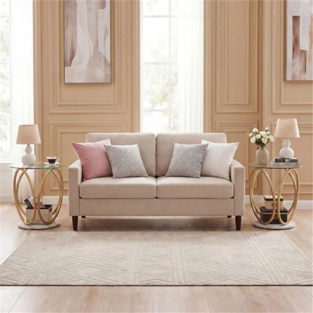 2-Tier Glass Top Side Table with Faux Marble Base – view 6