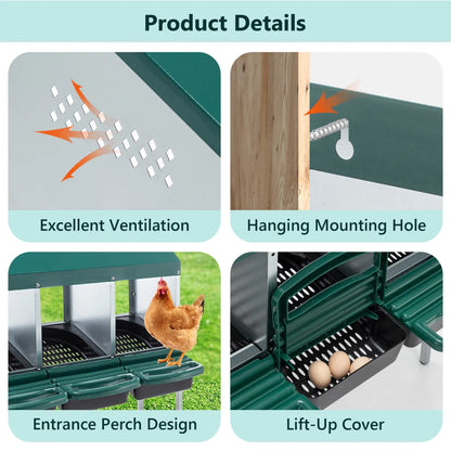 3-Hole Freestanding Chicken Nesting Box with Lid, Green