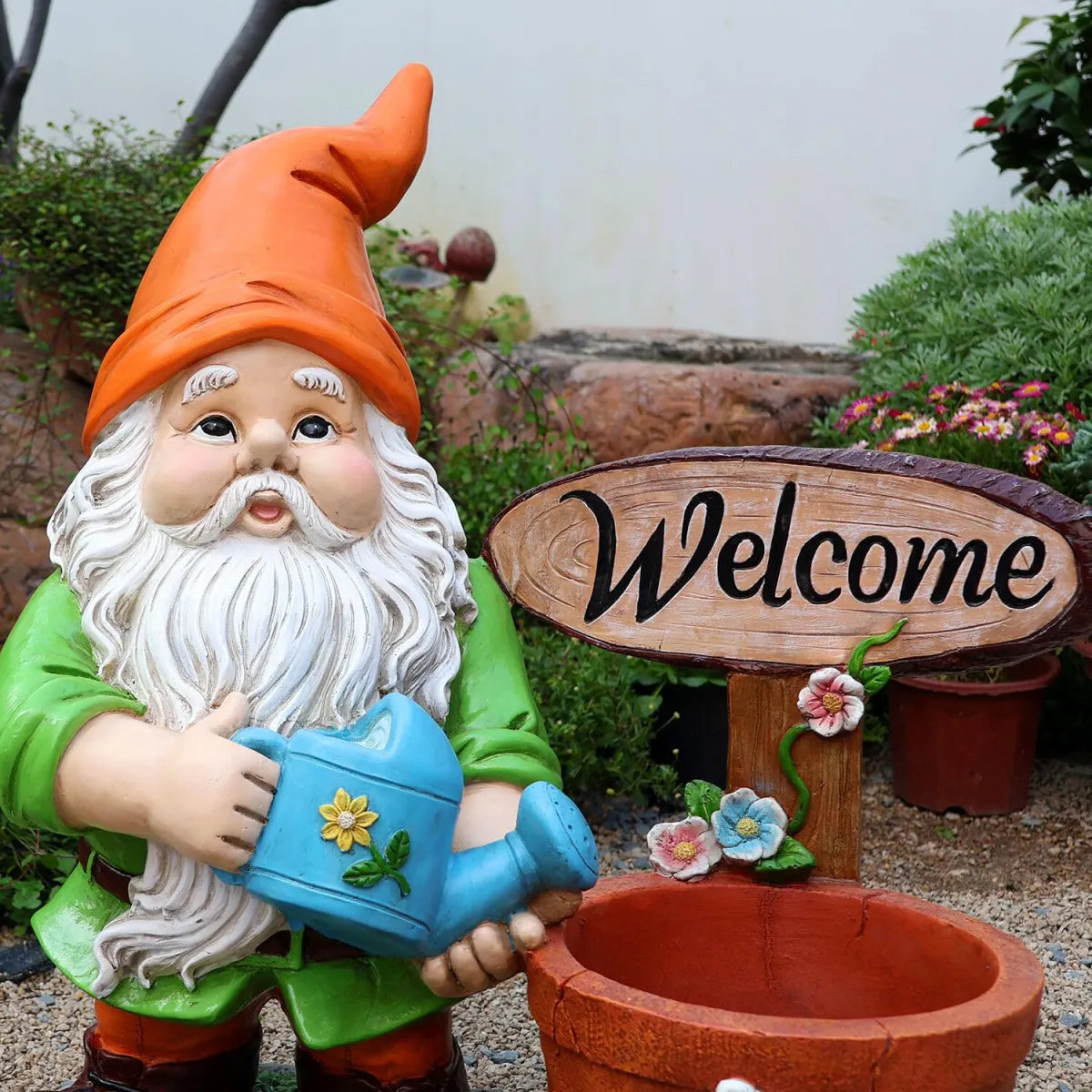 Outdoor Garden Gnome Statue with Flower Pot Planter, Yard Decoration