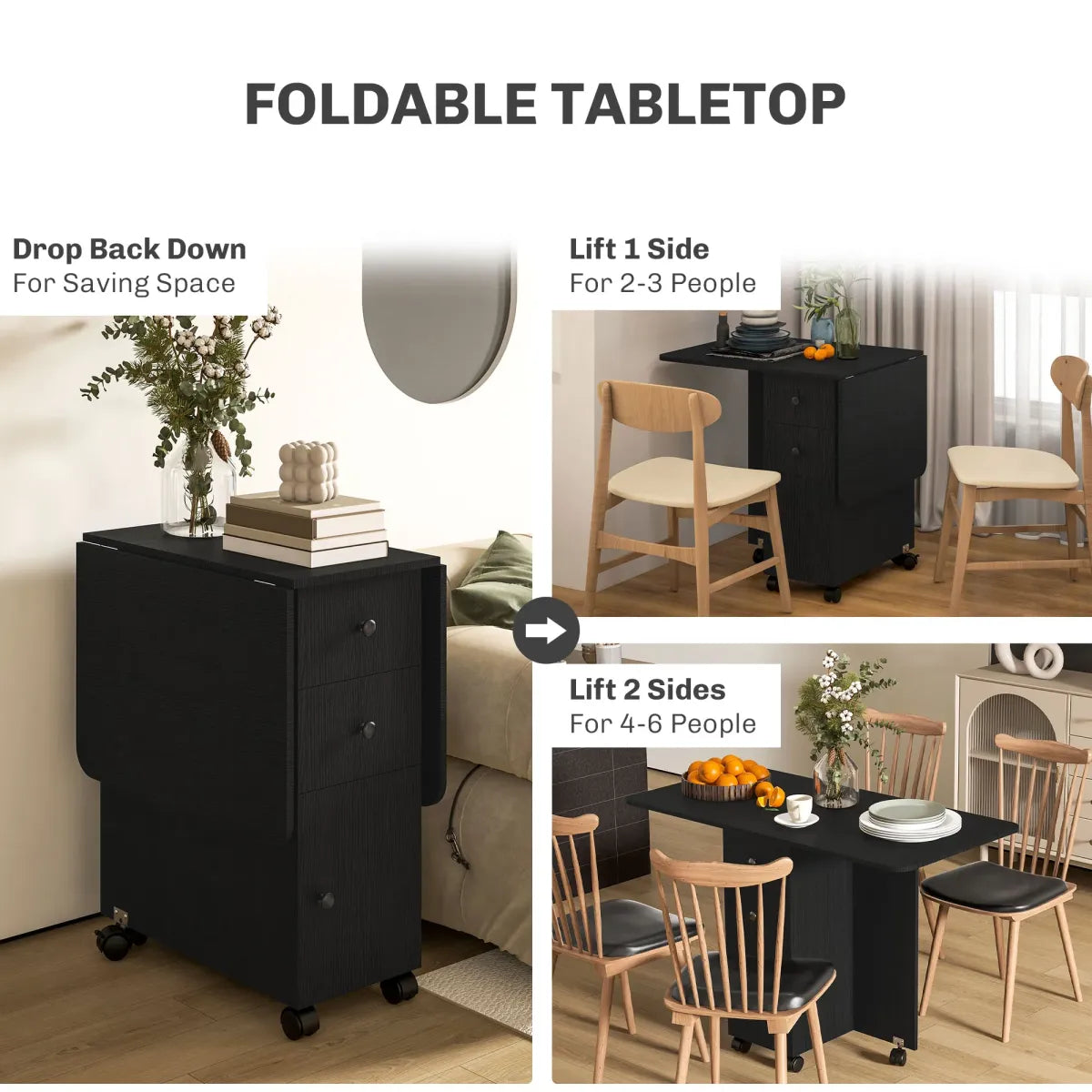 Drop Leaf Dining Table on Wheels with Drawers and Storage Cabinet, Black