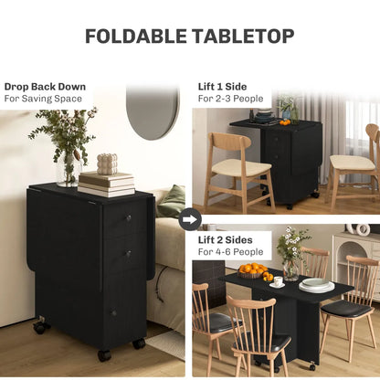 Drop Leaf Dining Table on Wheels with Drawers and Storage Cabinet, Black