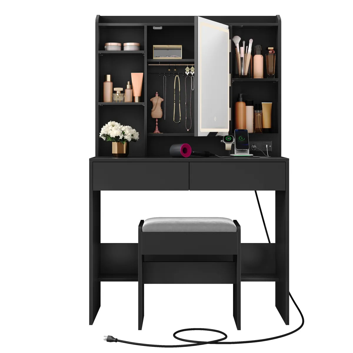 LED Lighted Vanity Desk with Mirror & Stool, Black – view 2