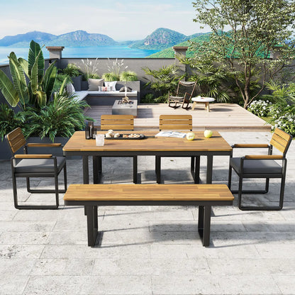 6-Piece Acacia Wood Outdoor Dining Set with Table, 4 Chairs and Bench, Gray
