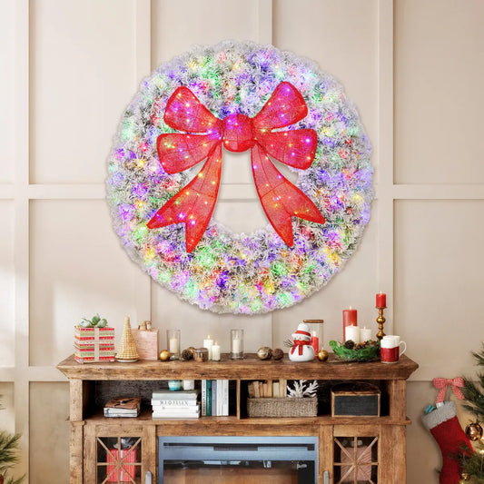 60 In Flocked Pre-Lit Christmas Wreath with 3D Red Bow