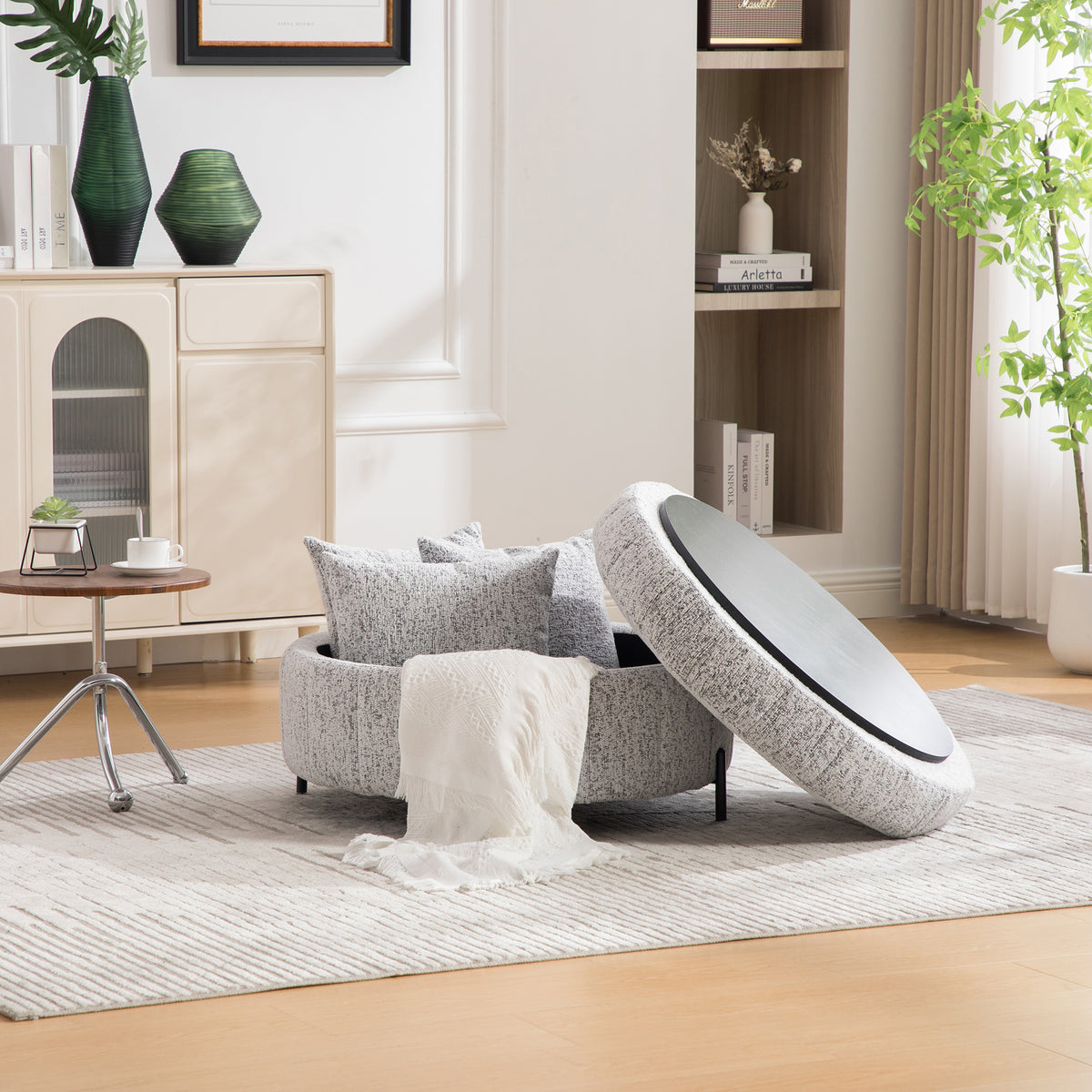 Round Storage Ottoman with Reversible Lid, White-Black – alternate view 4