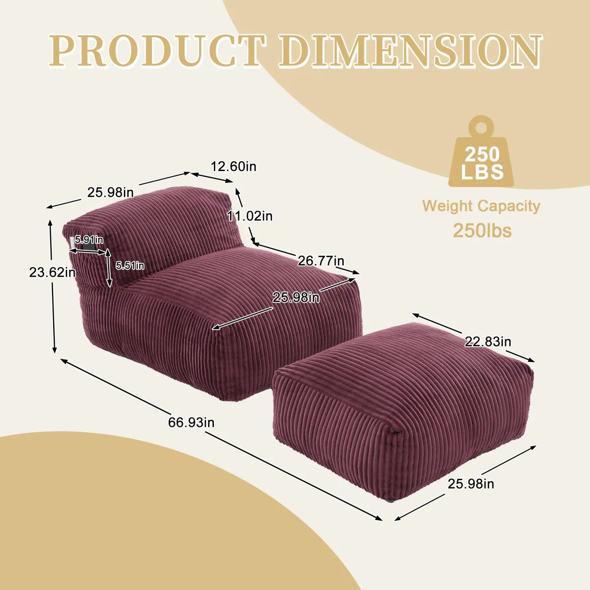 Corduroy Bean Bag Chair with Ottoman, Wine Red