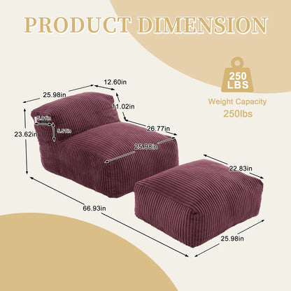 Corduroy Bean Bag Chair with Ottoman, Wine Red