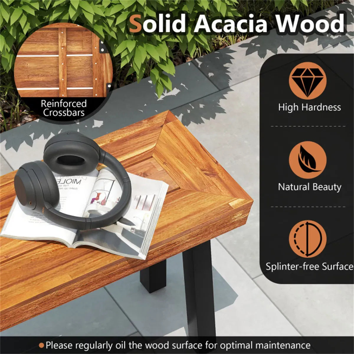 Acacia Wood Garden Bench with Adjustable Foot Pads for Outdoor Dining