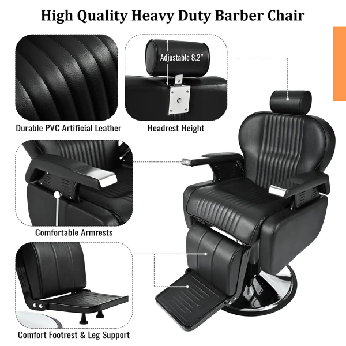 Heavy Duty Reclining Hydraulic Barber Chair, Black
