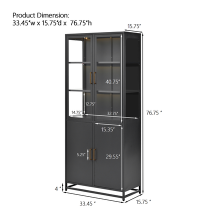 76.75 inch tall glass display cabinet, black