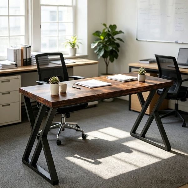 Industrial writing desk with Z-shaped legs, rustic wood and black