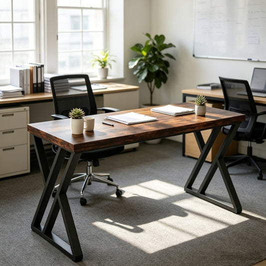 Industrial writing desk with Z-shaped legs, rustic wood and black