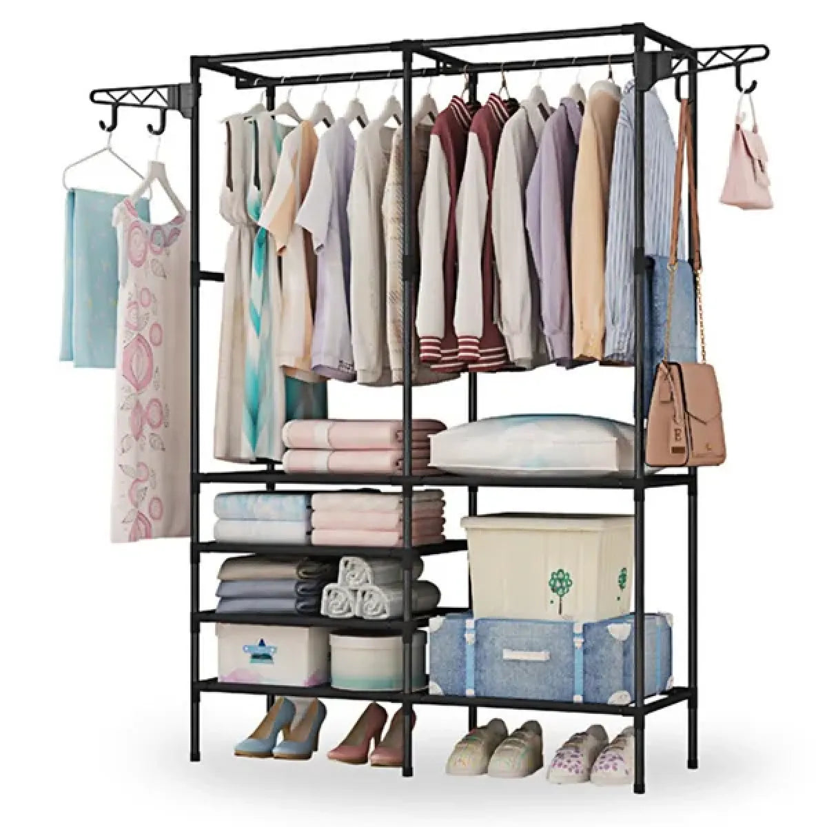 Heavy Duty Metal Garment Rack with Shoe Shelf – Freestanding Clothing Organizer