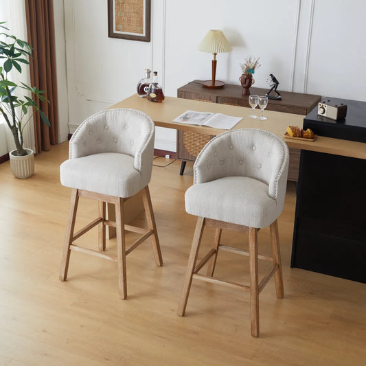 Set of 2 Upholstered Swivel Counter Stools with Backrest, Natural Beige