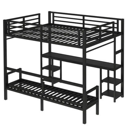 Queen Over Twin XL Metal Bunk Bed – Loft Bed with Desk, Shelves & Fold-Out Sofa, Black – view 9