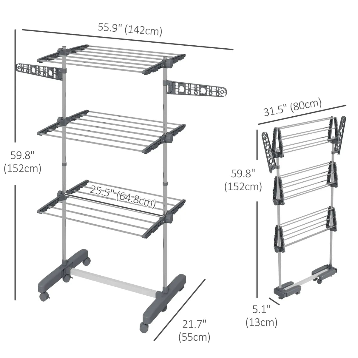 3-Tier Foldable Stainless Steel Clothes Drying Rack with Side Wings and Castors, Grey