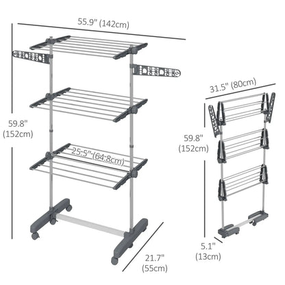 3-Tier Foldable Stainless Steel Clothes Drying Rack with Side Wings and Castors, Grey