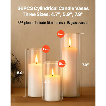 Pillar Candles and Glass Vases Set, 36 Pcs – Wedding and Home Centerpiece Decor