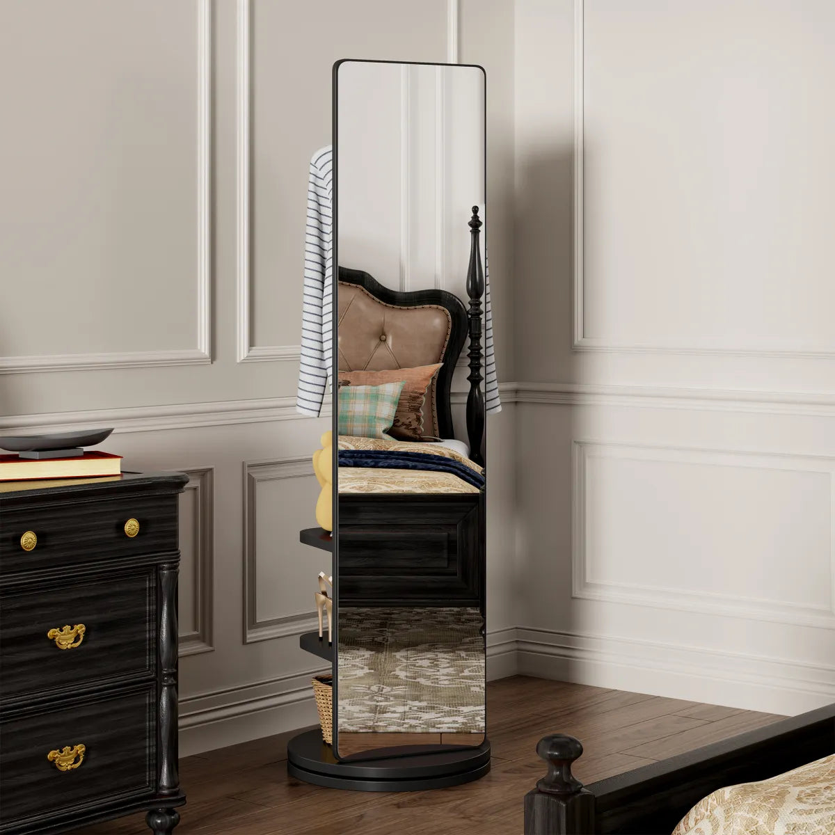 360° Rotating Full-Length Floor Mirror with Coat Rack & Hook Storage, Black – view 2