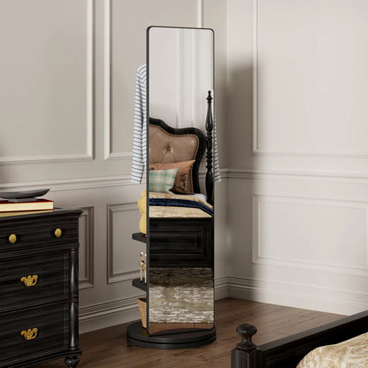 360° Rotating Full-Length Floor Mirror with Coat Rack & Hook Storage, Black – view 2
