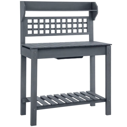Wooden Garden Potting Bench with Hidden Storage and Sliding Tabletop, Gray