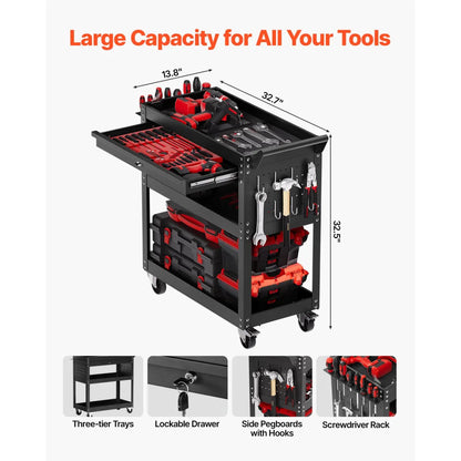 4-Tier Rolling Tool Cart with Drawer and Pegboard, Black