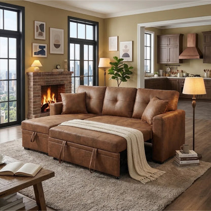 L-Shaped Pull-Out Sleeper Sofa – Reversible Chaise, Storage Sectional, Light Brown – view 4