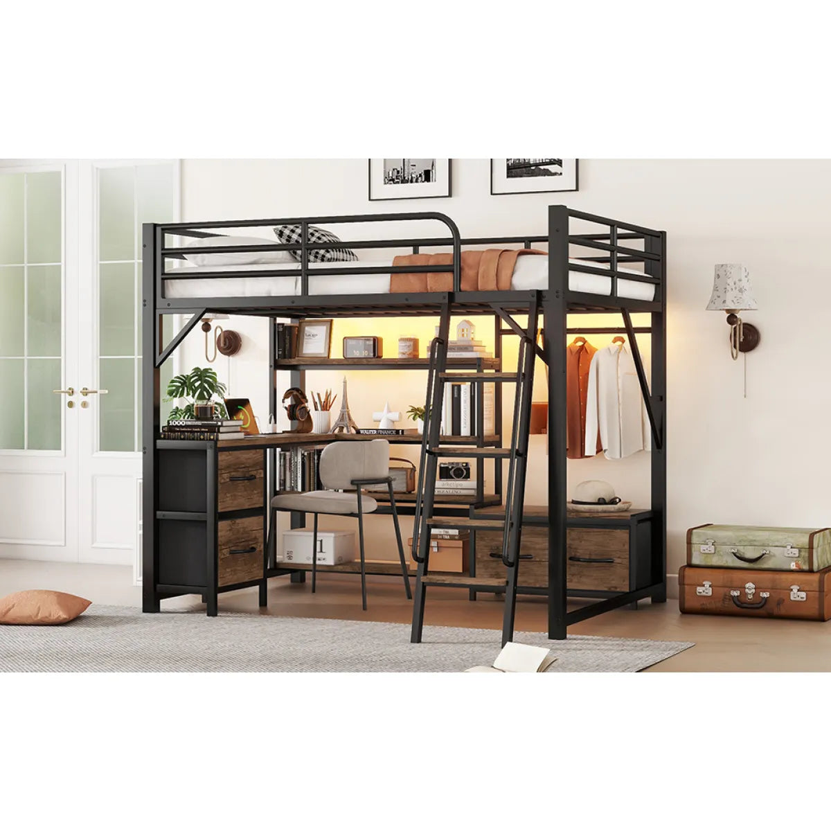 Full Size Metal Loft Bed with Desk, Wardrobe & Storage Shelves – view 6