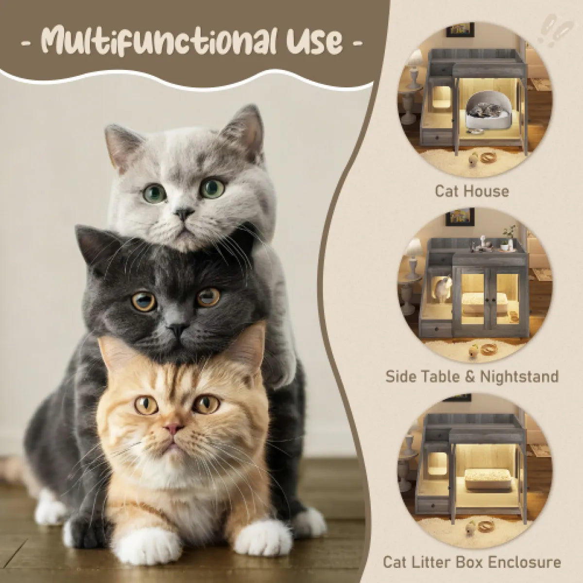 Hidden Cat Litter Box Furniture – Enclosure Cabinet with Light & 2 Storage Drawers