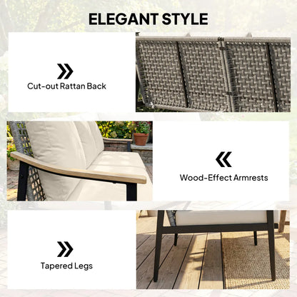 3-Seater Outdoor Patio Sofa with Wood-Effect Armrests, Wicker Backrest and Cushions, Khaki