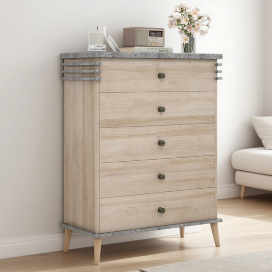5-Drawer Farmhouse Dresser – Wood & Metal, Tall Bedroom Storage