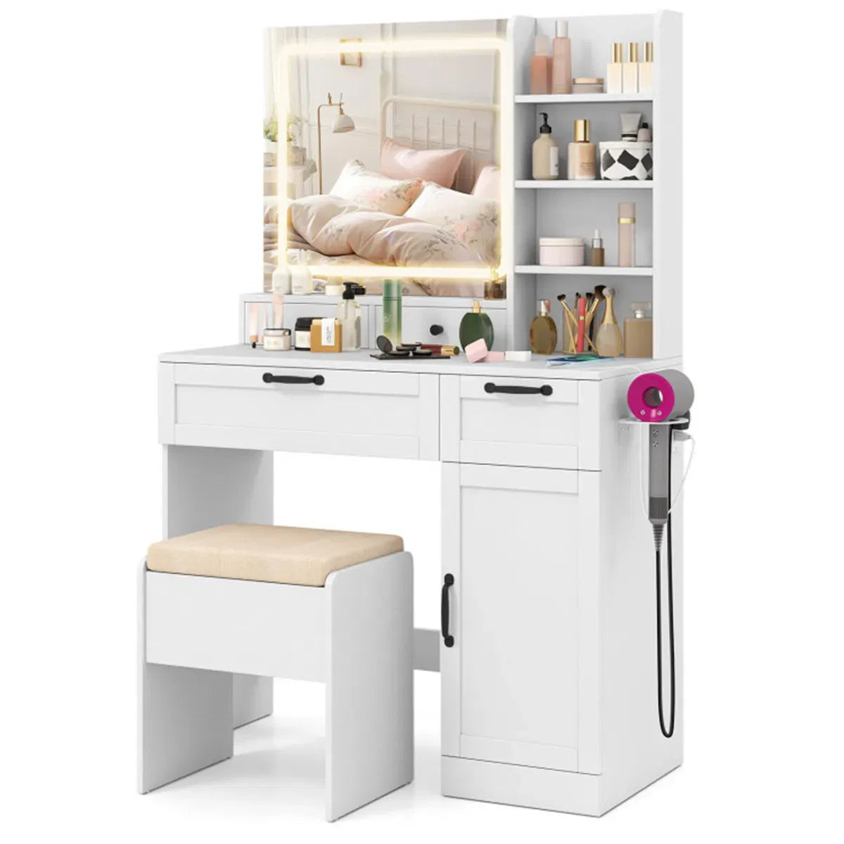 Makeup Vanity Desk with Stool & Hair Dryer Rack